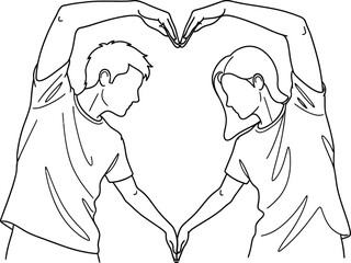 Simple line art drawing depicting a romantic couple joining hands to form a perfect heart shape symbolizing unity and everlasting affection between two people.