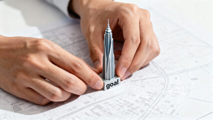 Hands Placing Model Tower on Map Representing Ambition and Goal Setting Concept
