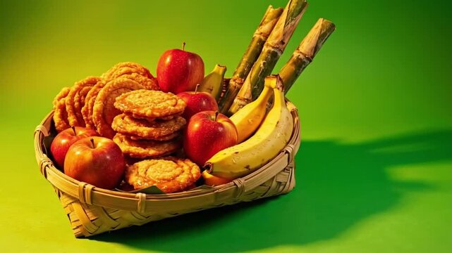 Bamboo Basket Displaying Stacked Anarsa Sweets and Fresh Fruits - Hindu Festival Food Ritual