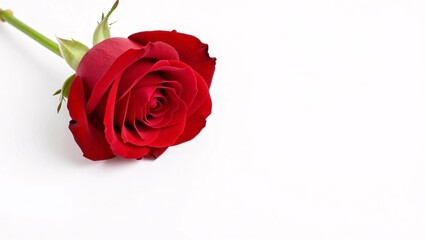 A vibrant red rose with a green stem lies on a pristine white background, evoking themes of love, romance, and classic elegance perfect for Valentine's Day designs.