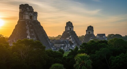 Obraz premium Ancient Mayan pyramids at sunrise in lush jungle landscape
