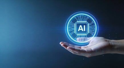 Hand holding glowing AI chip icon representing artificial intelligence technology.