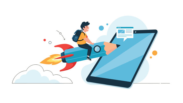 Creative illustration of a young boy with a backpack flying on a rocket shaped pencil coming out from a digital tablet screen.