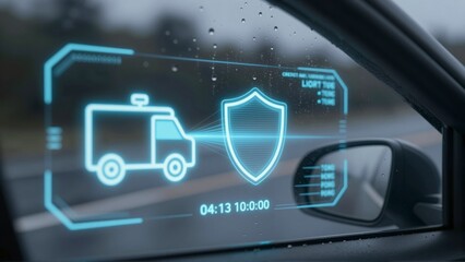 Futuristic holographic display shows a truck icon protected by a shield icon