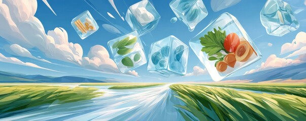 Obraz premium Surreal cartoon scene of floating ice cubes containing herbs and foods above a vivid landscape