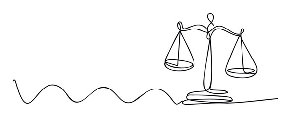 Continuous line drawing representing legal fairness with a balance scale, ideal for law related concepts, justice themes, and corporate responsibility presentations