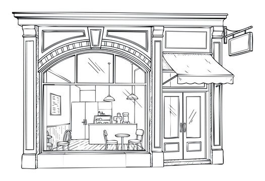 Detailed line drawing of a classic storefront cafe building with an inviting interior view and welcoming entrance perfect for architectural design projects and small business branding