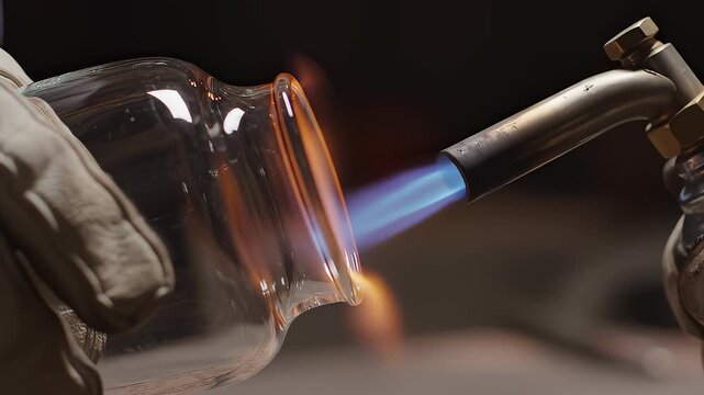 Gloved Hands Heating Glass Object With Blowtorch Flame Up Close