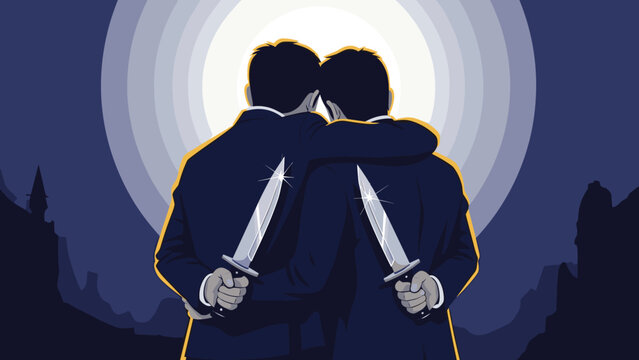 Two businessmen in suits hugging each other while secretly holding sharp daggers behind their backs symbolizing betrayal and corporate rivalry.