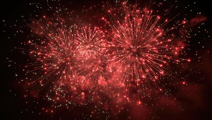 Brilliant display of vibrant red exploding pyrotechnics against a dark background