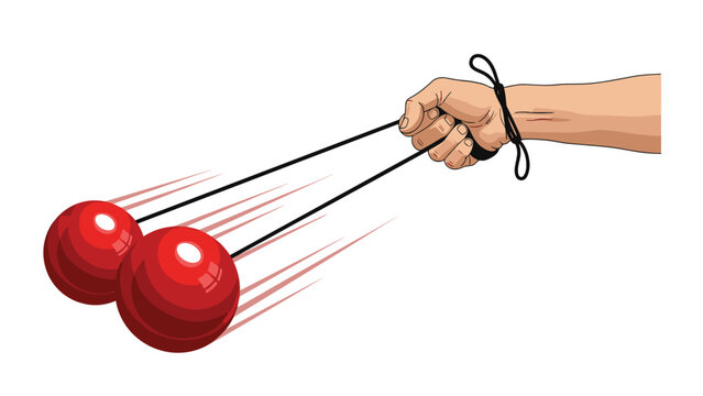 Human hand holding and playing with a red lato-lato toy consisting of two balls on a string showing motion against a white background.