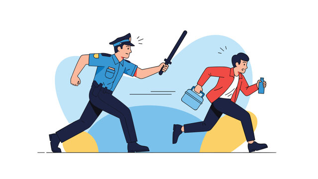 Police officer in a blue uniform with a baton chasing a man who is running away with a stolen bag and bottle in his hands.