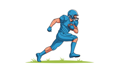 Obraz premium American football player in a blue uniform and helmet running across the field while clutching the ball during a competitive match.