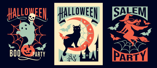Obraz premium Set of vertical vintage Halloween posters with witch, ghost, black cat and pumpkins. Retro wall art great for parties, seasonal decor, invitations, fun spooky events and greetings.