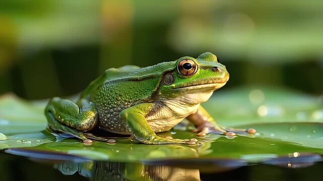 A frog performs an elegant dance on a lily pad in a serene pond