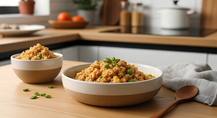 A kitchen countertop with two bowls of Indonesian fried rice, garnished with green onions, accompanied by a wooden spoon and napkin, on a light wood surface with a blurred background.
