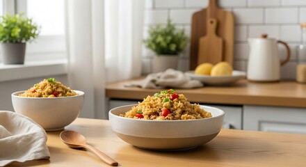 Two white bowls of Indonesian fried rice on a wooden kitchen counter with a spoon and napkin, against a clean white background with a shallow depth of field, conveying a warm and inviting