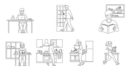 Collection of simple line drawings depicting various daily activities.