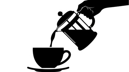 Silhouette of hand pouring coffee from French press into cup.