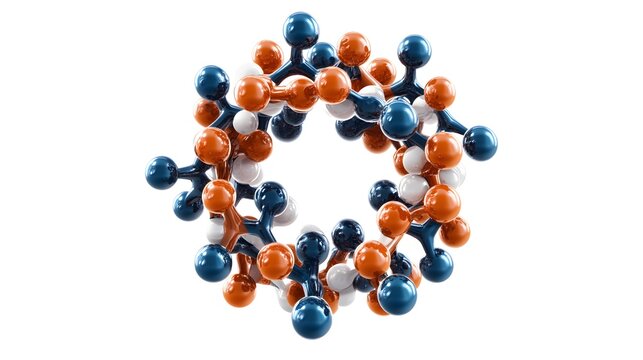 Stylized three dimensional rendering of a complex molecular structure forming a circular or ring shape with glossy orange blue and white spheres isolated on white