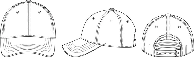 Baseball cap technical flat sketch showing front side and back views, adjustable snapback hat apparel design outline illustration © meri999