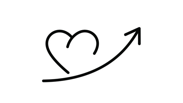 Simple hand drawn heart shape intersected by a smoothly curving upward pointing arrow symbolizing love growth and positive trajectory in design