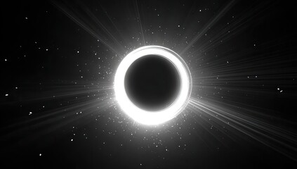 A luminous, bright, circular aperture in darkness, surrounded by radiant beams and sparse particles