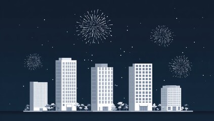 Illustration of fireworks bursting above a skyline of stylized high-rise office buildings under a starry sky