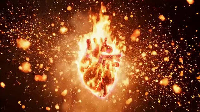 Vibrant exploding firework in heart shape with sparks against dark background