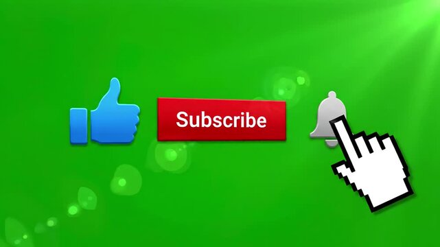 Green Screen animated youtube subscribe button for video overlay like bell notification to channel scene 2 with distortion, overlay, glitch, static noise, scan lines on black background, 4k loop