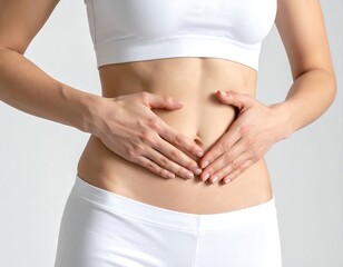 A woman in white workout attire touching her abdomen