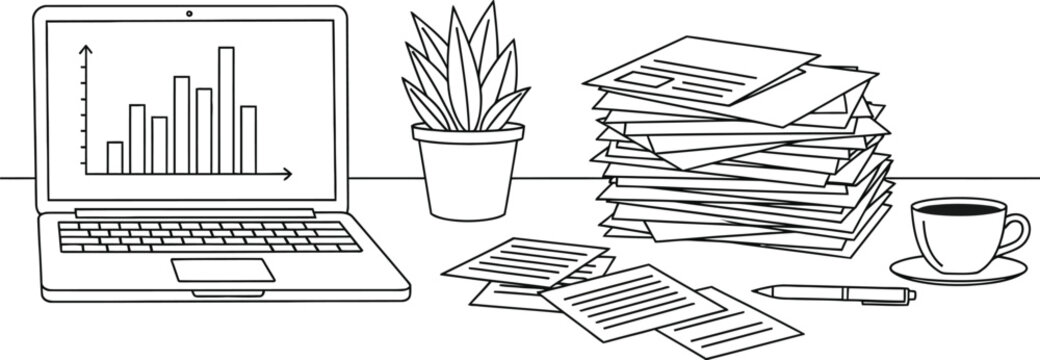 Minimalist line art drawing depicting a busy desk setup featuring a laptop displaying a growth chart next to piles of paperwork and a coffee cup illustration.