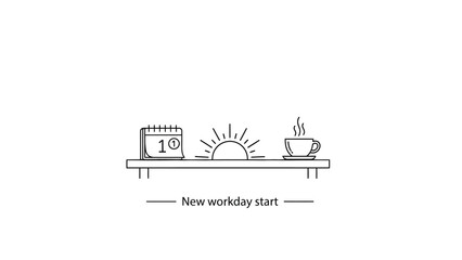 Naklejka premium Minimalist line art illustration depicting the essential components for beginning a new workday including a calendar a sunrise and a steaming cup of coffee