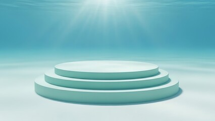 Fototapeta premium Turquoise multi-tiered podium on a bright sandy seabed, illuminated by sun rays underwater