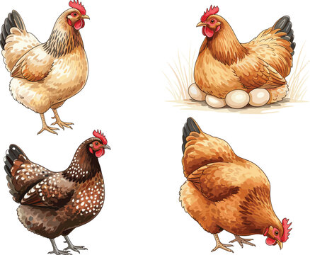 Realistic chicken hen vector illustration set featuring farm poultry birds, laying eggs, rural agriculture scenes, and detailed domestic fowl artwork
