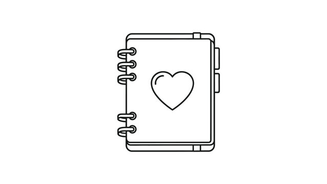 Simple black and white line art icon representing a spiral bound notebook or diary featuring a prominent heart shape on its front cover perfect for romance themes.
