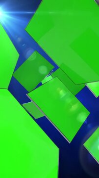 Green Screen 3d multi rotation animation blue background scene 2 with distortion, overlay, glitch, static noise, scan lines on black background, 4k animated video loop