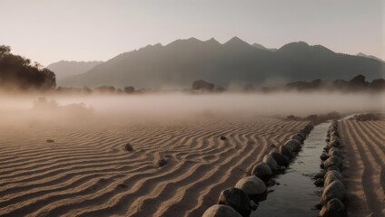 Misty riverbed at dawn, with rippled sand and mountains in the distance