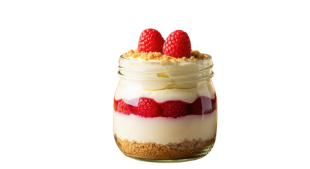Raspberry Cheesecake Dessert in Glass Jar Isolated on White Background