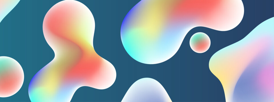 Dynamic holographic fluid shapes and round bubbles floating over a dark teal blue professional background