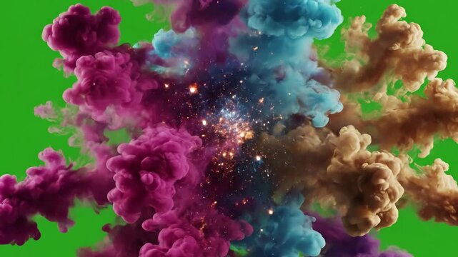 Green Screen magic blast colorful smoke explosion effect for intro video scene 2 with distortion, overlay, glitch, static noise, scan lines on black background, 4k animated loop