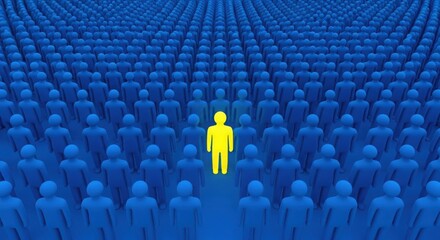 Fototapeta premium Unique individual standing out from crowd of blue figures, symbolizing leadership and distinction in a sea of sameness and uniformity.