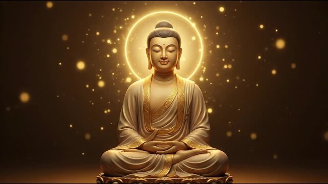 Divine golden statue of mahavir tirthankara meditating, stylized with a glowing halo for janma kalyanak.