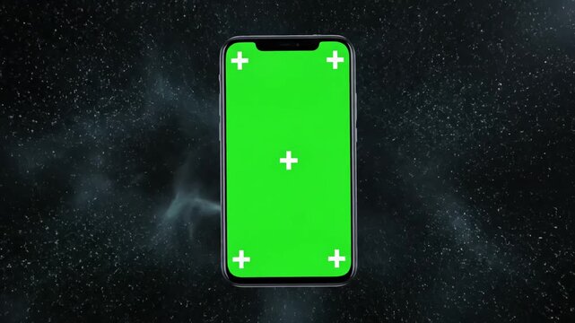 Green Screen smartphone blank with indicators flies into the frame from bottom alpha matte included scene 2 distortion, overlay, glitch, static noise, scan lines on black background, 4k animated video