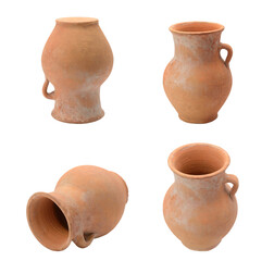 collection of four terracotta amphorae and ancient clay jars, showcasing rustic textures and handles, arranged on a transparent background with varied perspectives.