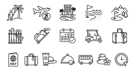 Fototapeta premium Golf travel and vacation outline icon set with resort, airplane and luggage