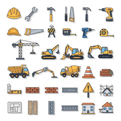 Flat Vector Construction Icons Set: Tools, Heavy Machinery, Building Materials, Safety Signs, and Architecture Elements © Sipa