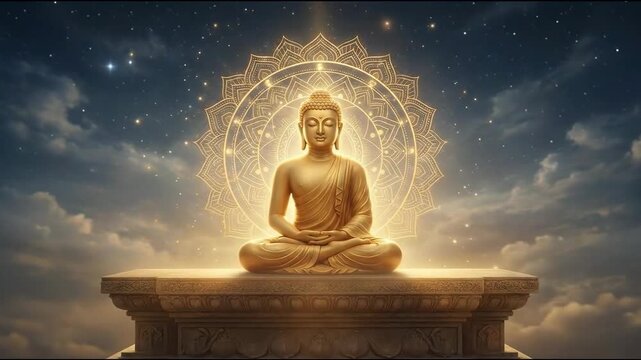 Golden mahavir statue meditating, stylized digital art depicting janma kalyanak under a dramatic starry sky.