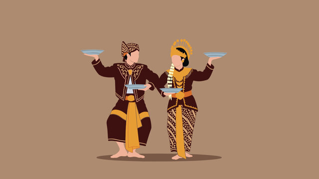 Pair of traditional indonesian dancers in elaborate brown and gold costumes performing the piring plate dance on a brown background.