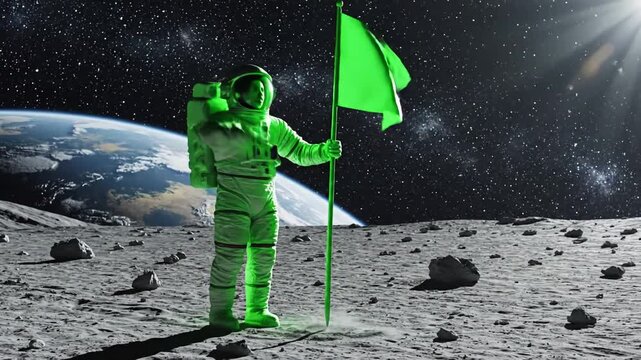 Green Screen lunar astronaut walks on the moon with flag placing a pole surface and salutes you can track add your logo scene 3 distortion, overlay, glitch, static noise, scan lines black background